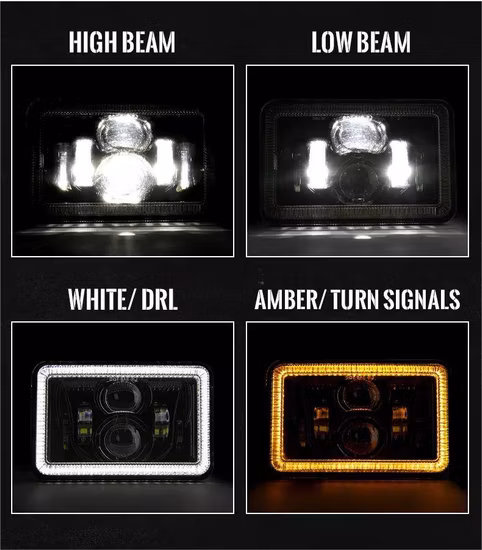 Phare LED 4X6'' pouces pour accessoires de camions avec Halo Ring DRL + clignotant pour Peterbilt noir/chrome